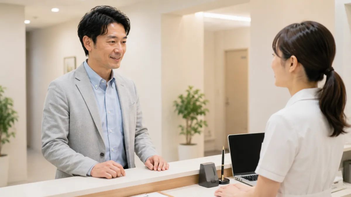 EDクリニックの受付でスタッフと話す男性