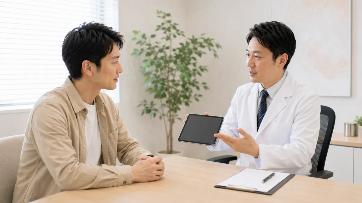 医師からED治療について説明を受ける男性