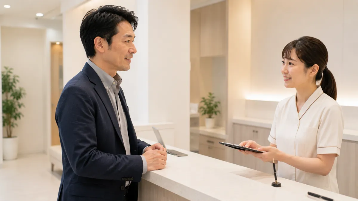 EDクリニックの受付で案内を受ける男性