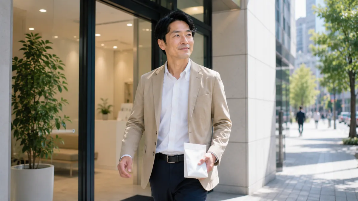 EDクリニックで診察を終えて帰る男性