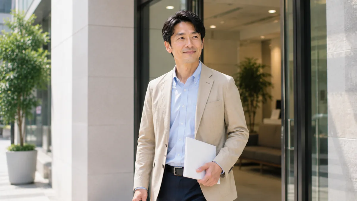 ED治療の相談を終えてクリニックを出る男性