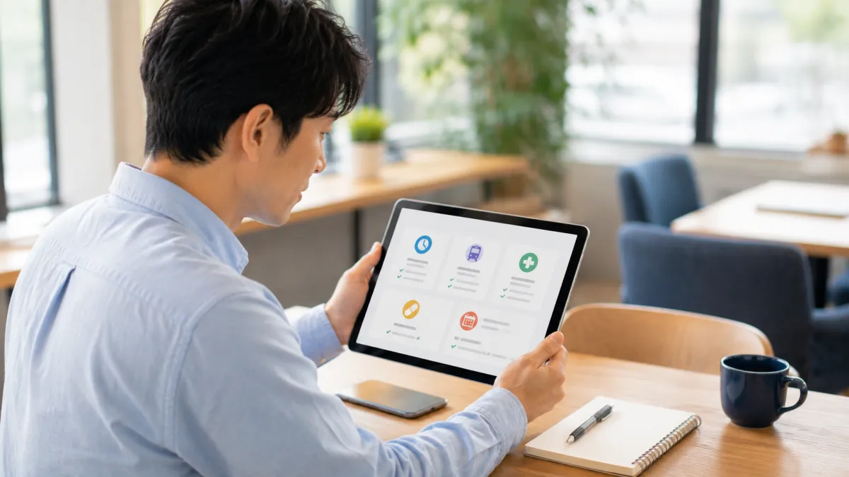 タブレットでEDクリニックの特徴を確認する男性