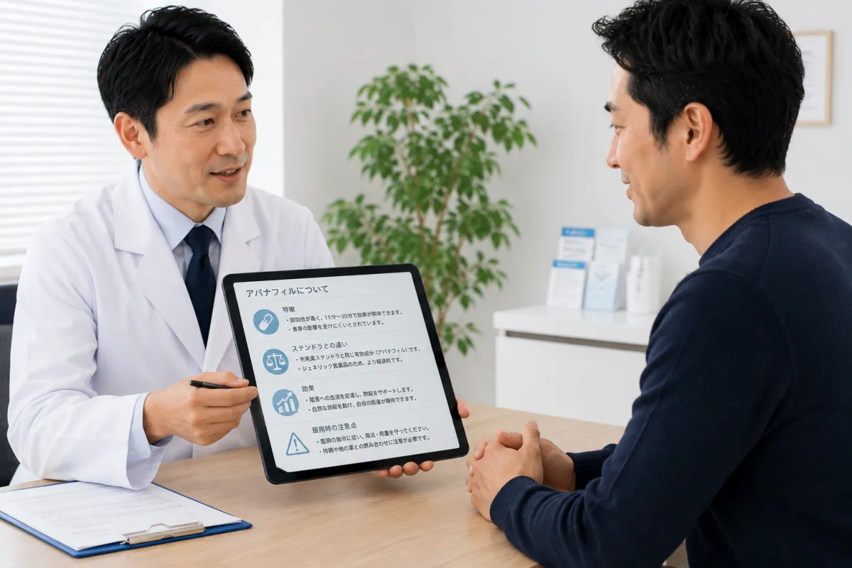 医師からアバナフィルについて説明を受ける男性