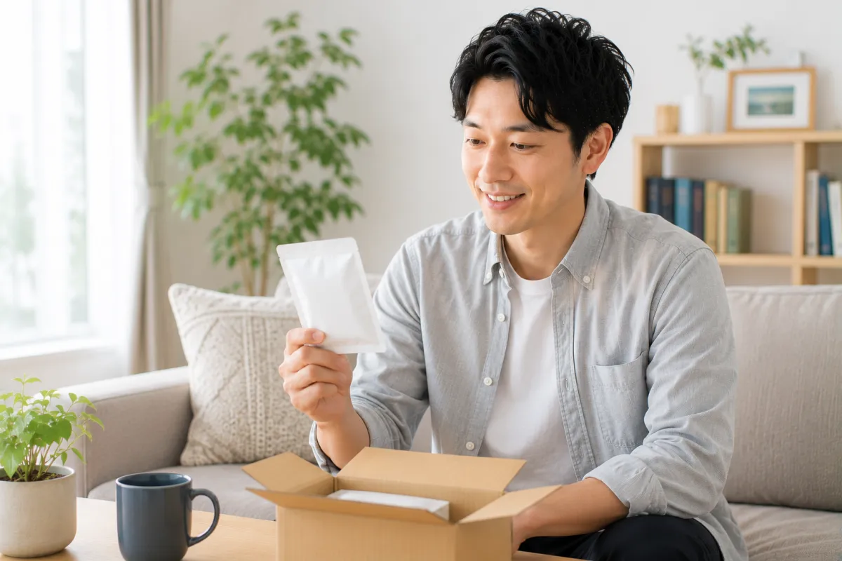 オンライン診療後にアバナフィルを確認する男性