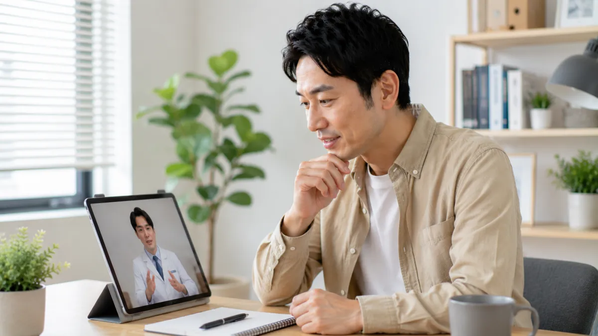 クリニックフォアでオンライン診療を受ける日本人男性