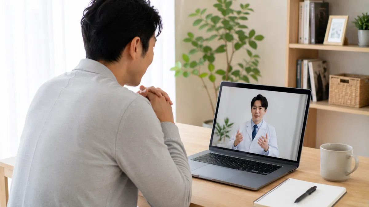 デジタルクリニックでオンライン診療を受ける日本人男性