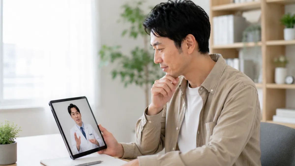 DMMオンラインクリニックでオンライン診療を受ける日本人男性