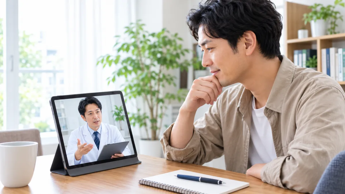 DMMオンラインクリニックでオンライン診療を受ける日本人男性
