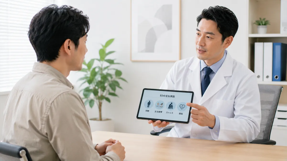 医師からEDの原因について説明を受ける男性
