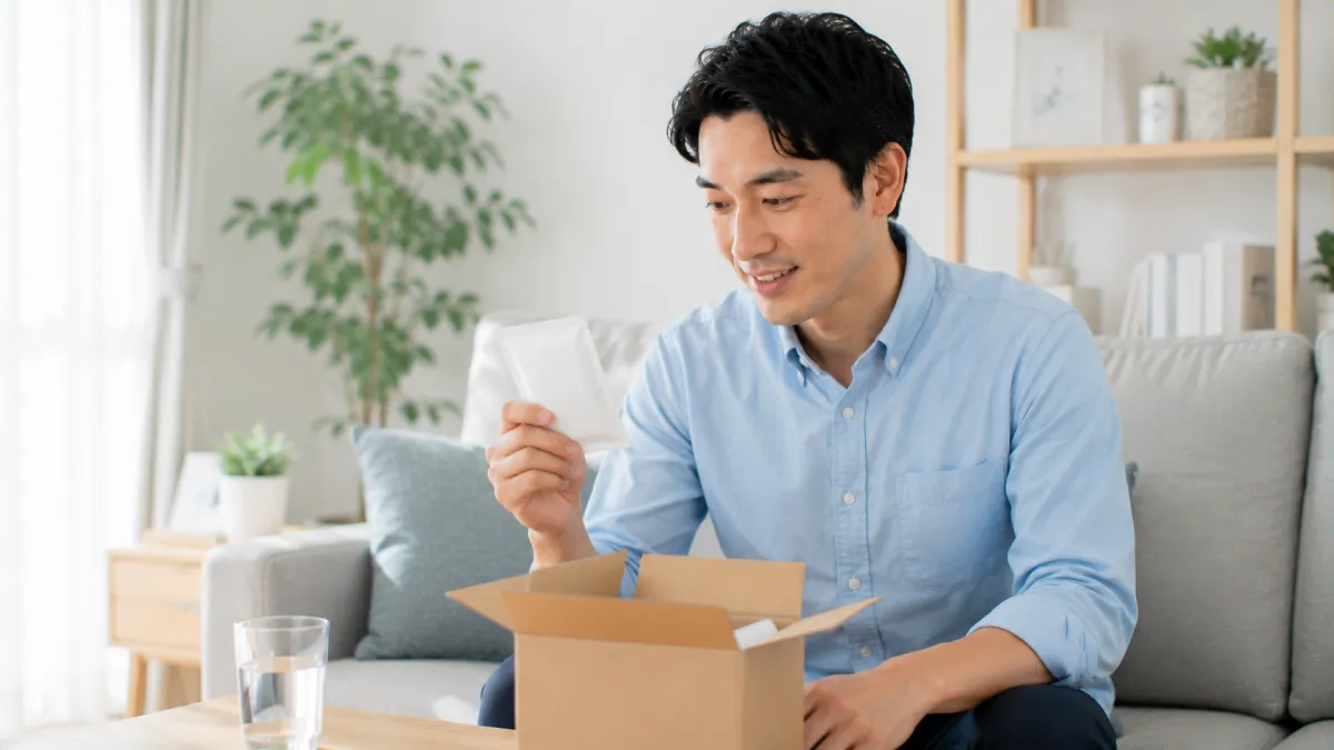 オンライン診療後にED治療薬を確認する男性