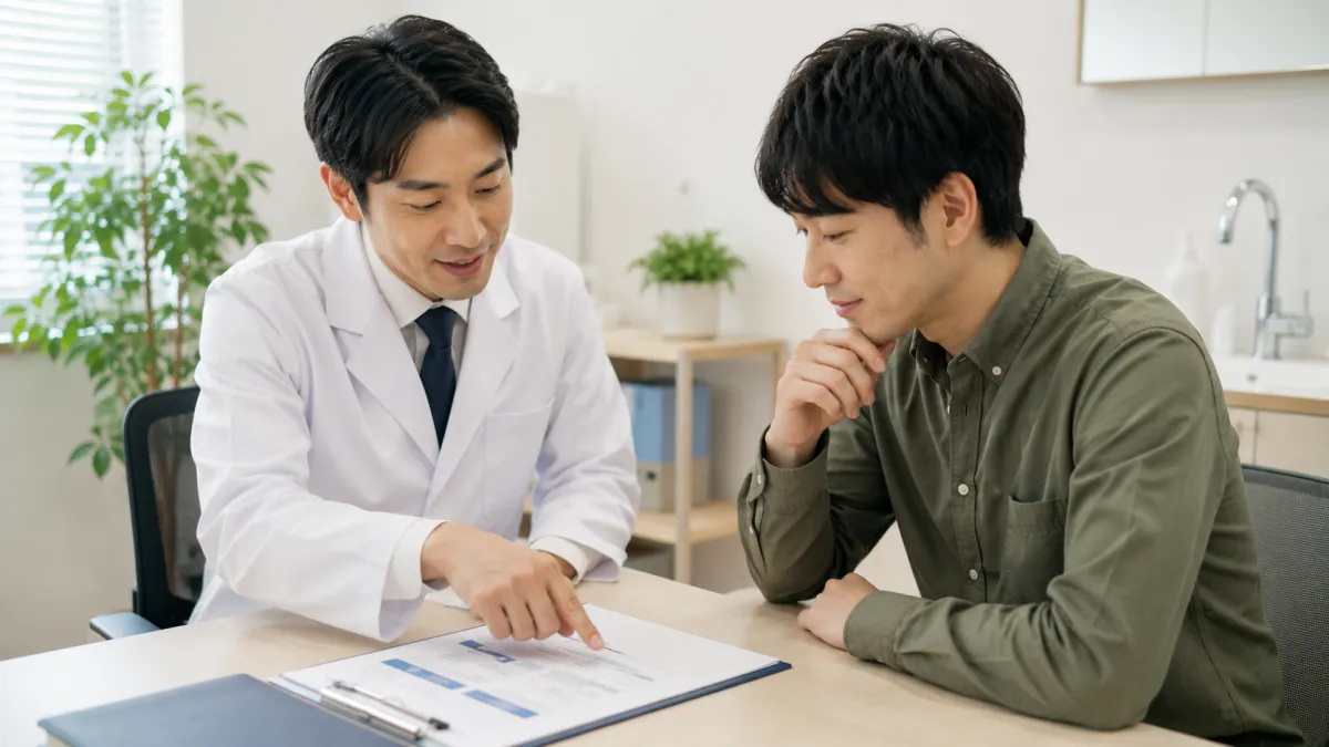 EDクリニックの選び方について医師に相談する男性
