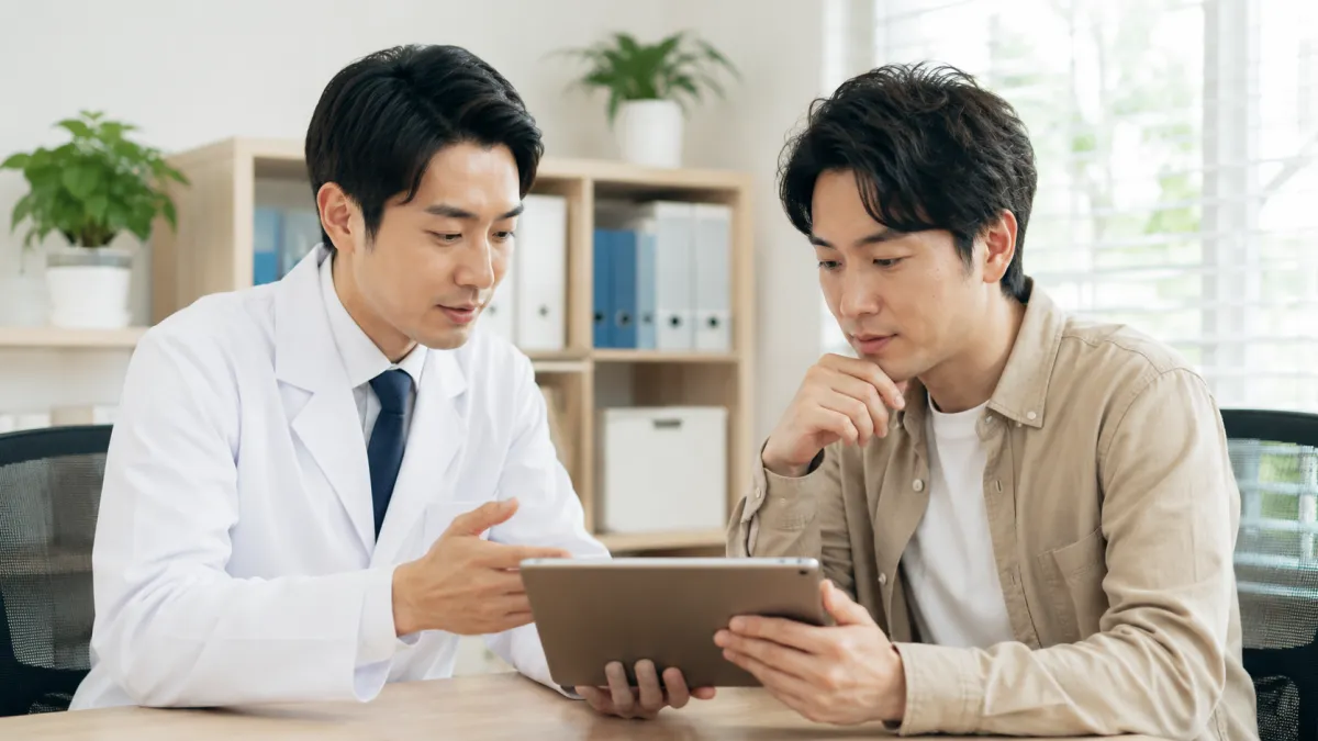 医師とオンラインEDクリニックを比較相談する男性
