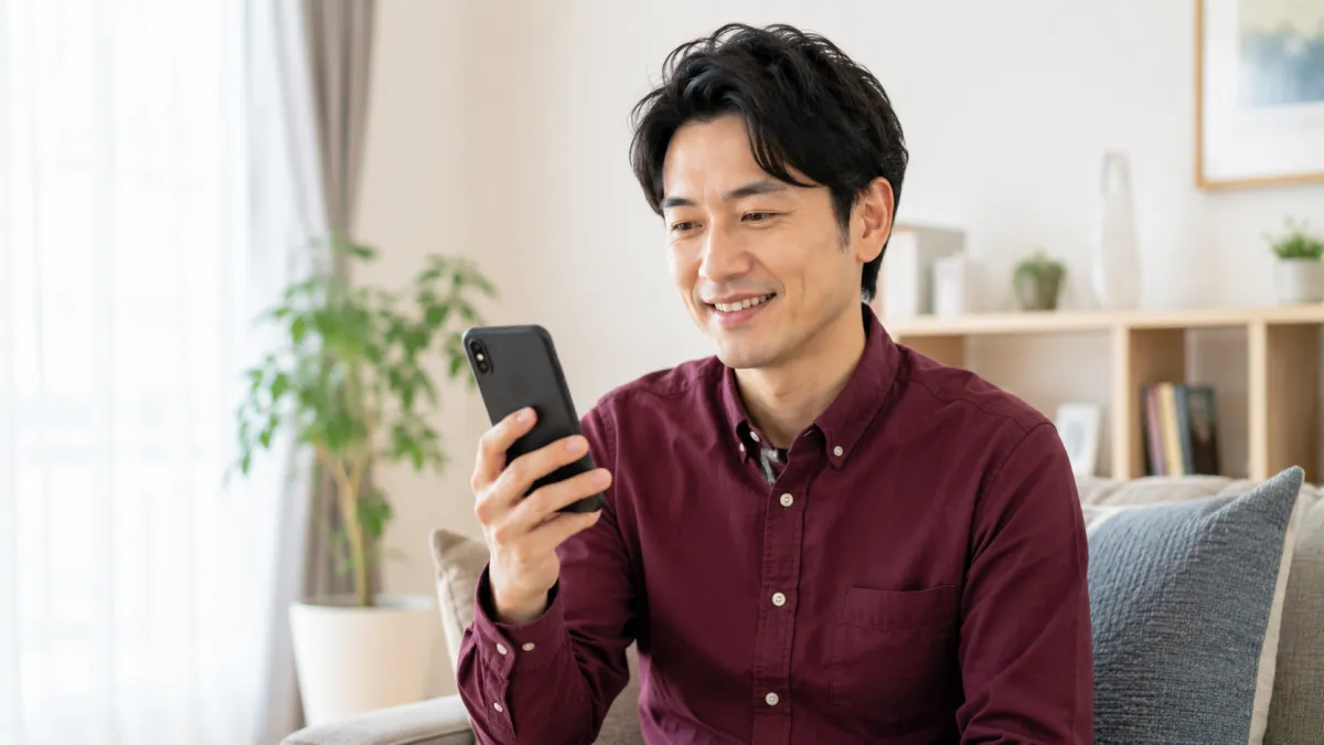 オンラインED診療後に安心した表情を見せる日本人男性
