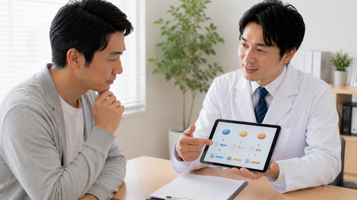 ED治療薬の違いについて医師の説明を受ける男性