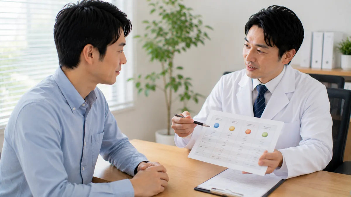 ED治療薬の違いについて医師から説明を受ける男性