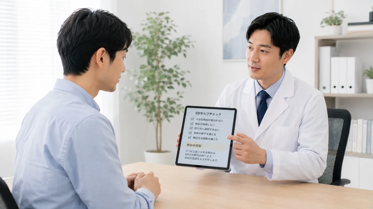 EDセルフチェックについて医師から説明を受ける男性