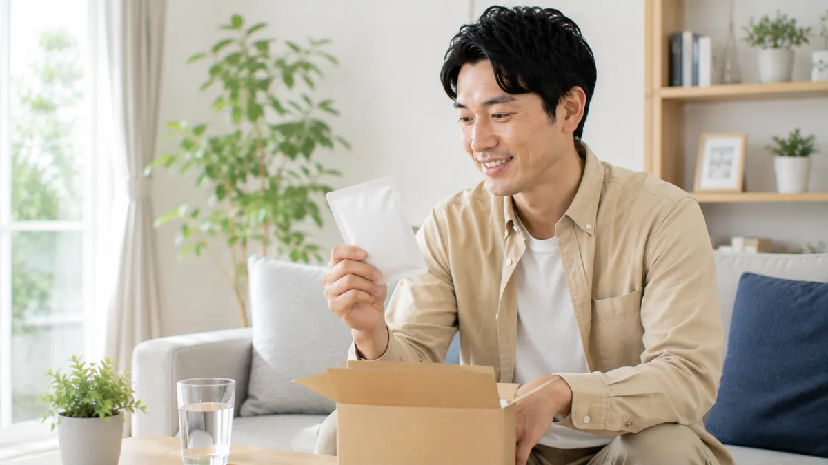オンライン診療後にED治療薬を確認して安心する男性