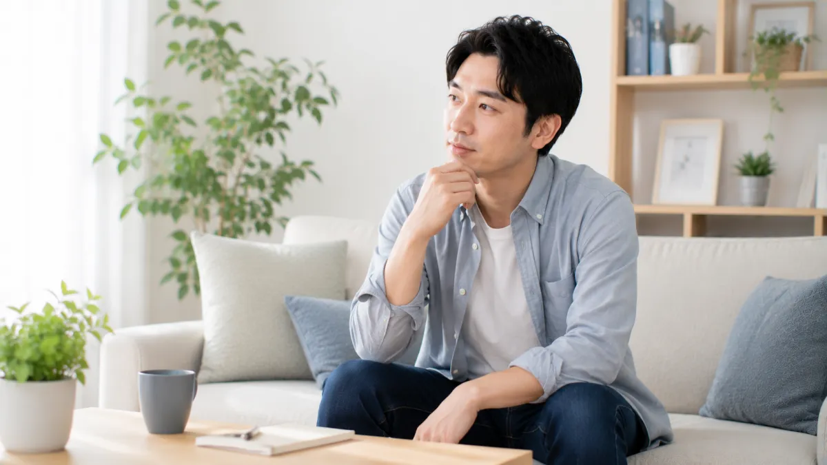 EDセルフチェック後に自分の状態を考える男性

