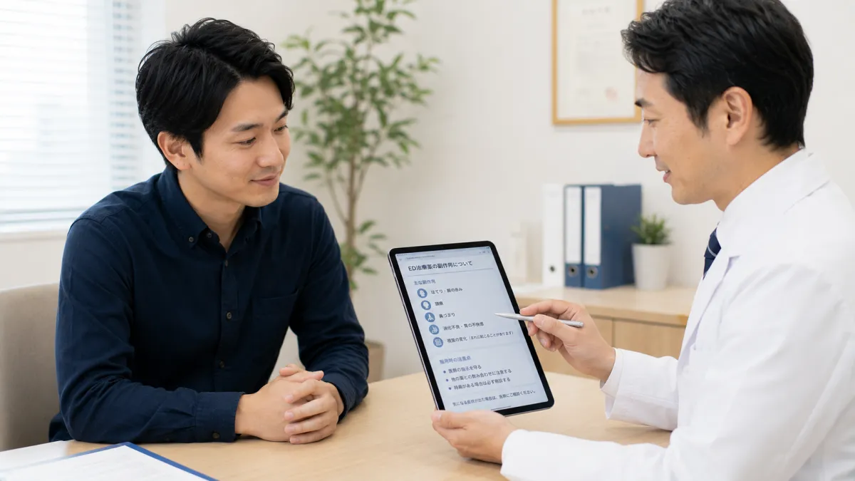ED治療薬の副作用について医師から説明を受ける男性