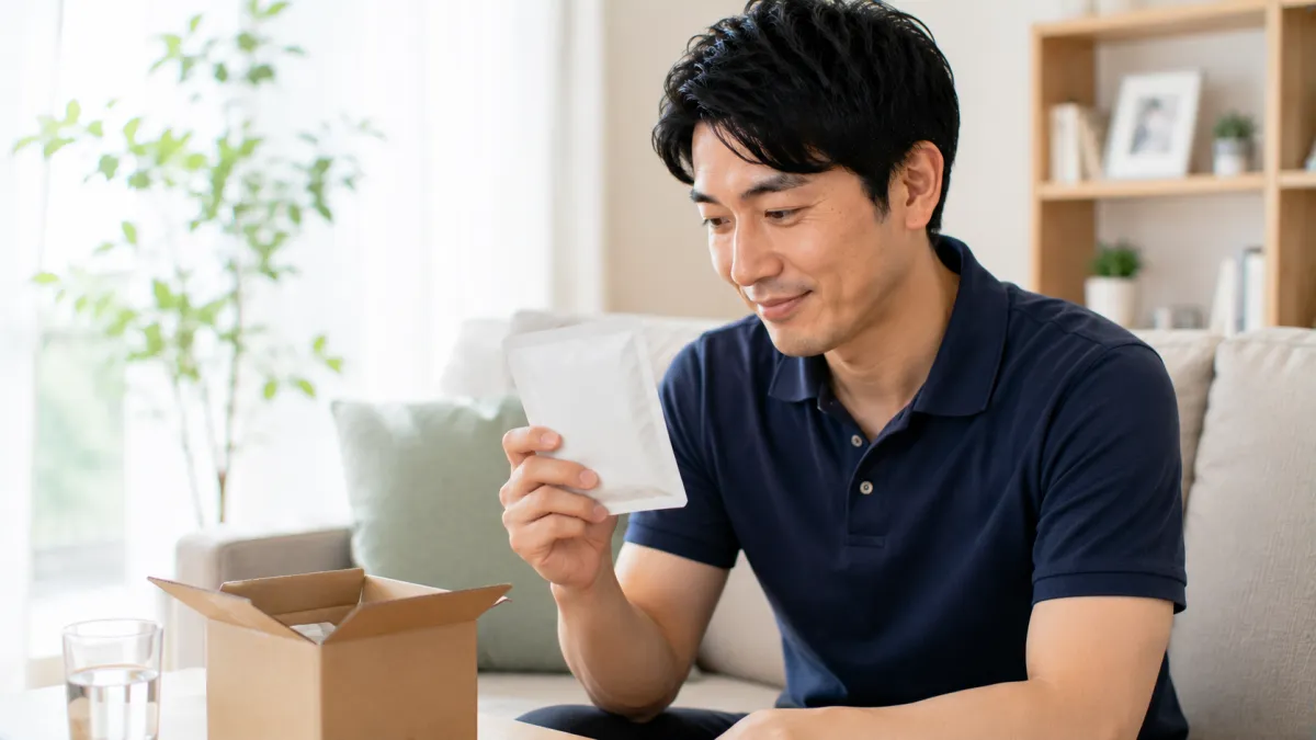 オンライン診療後にED治療薬を受け取り安心する男性