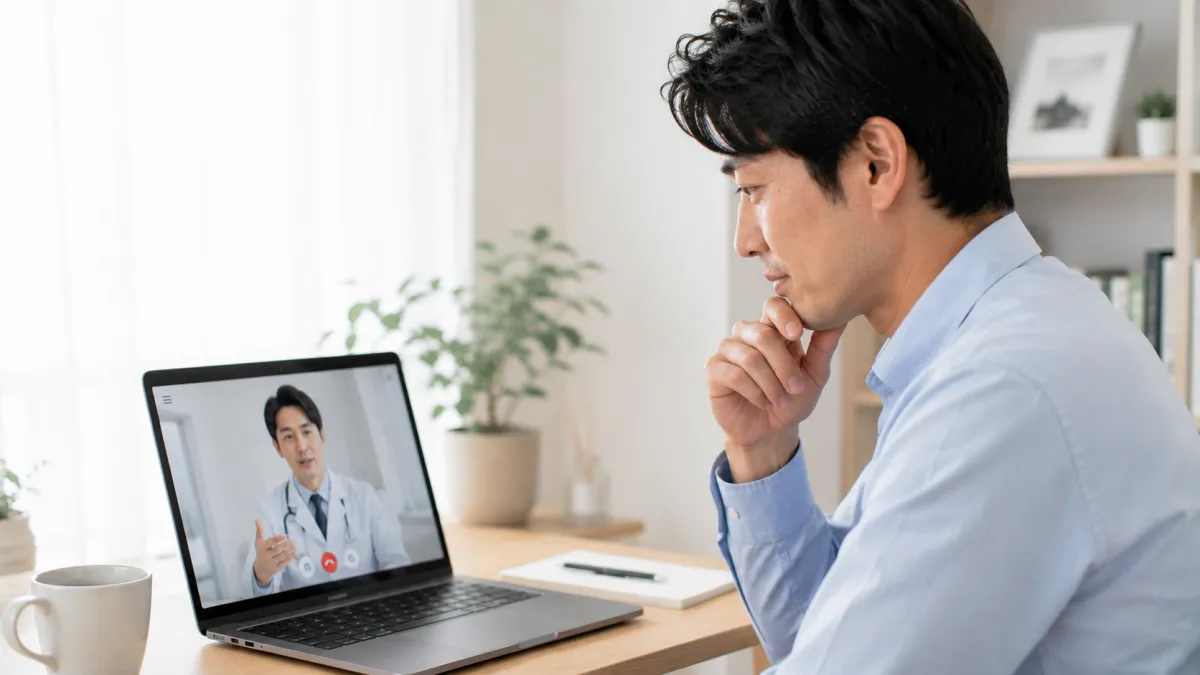 オンライン診療でED治療薬の服用について相談する男性
