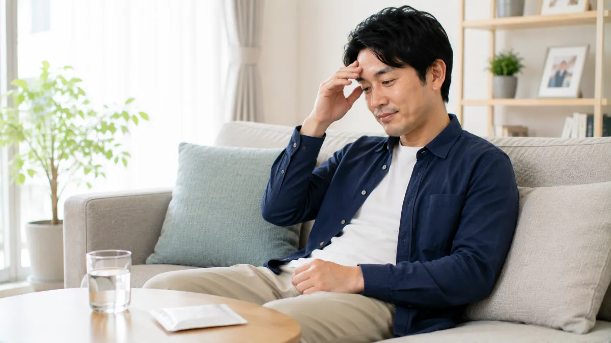 ED治療薬の副作用が出た際に自宅で安静に過ごす男性
