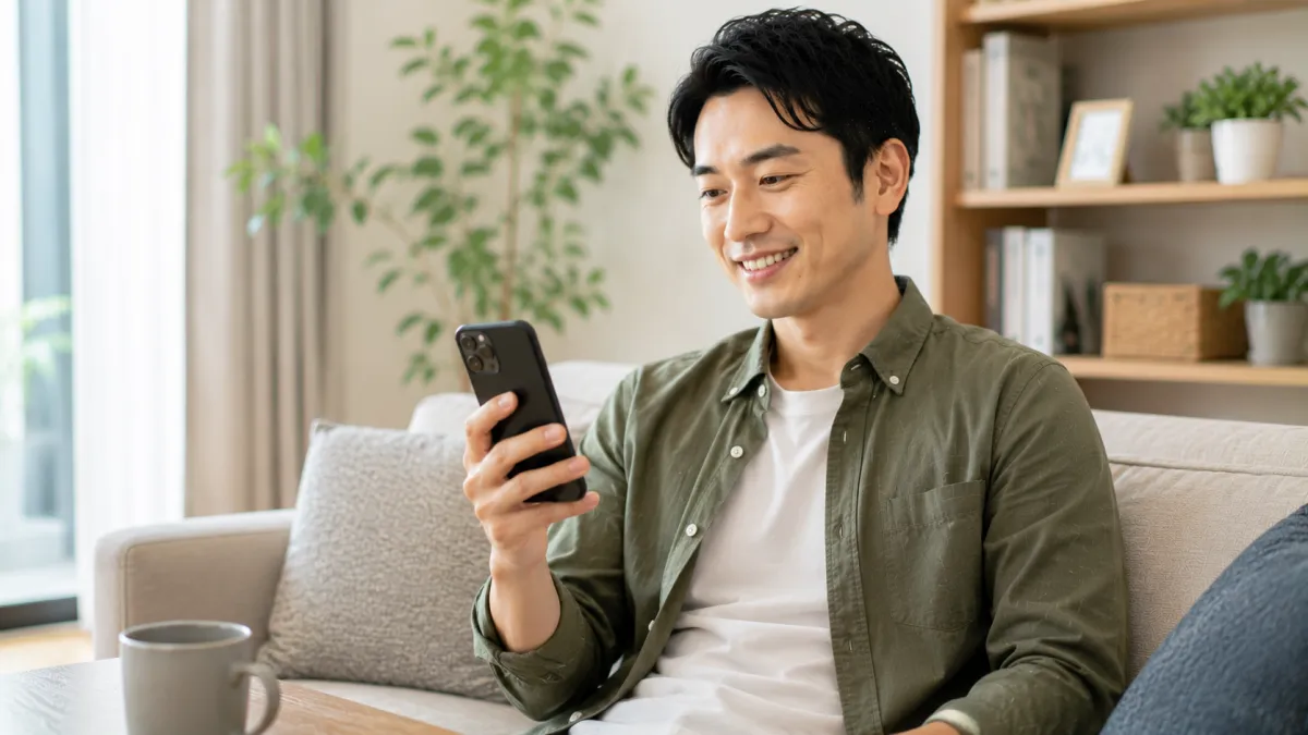 レバクリでオンライン診療を終えて安心する男性
