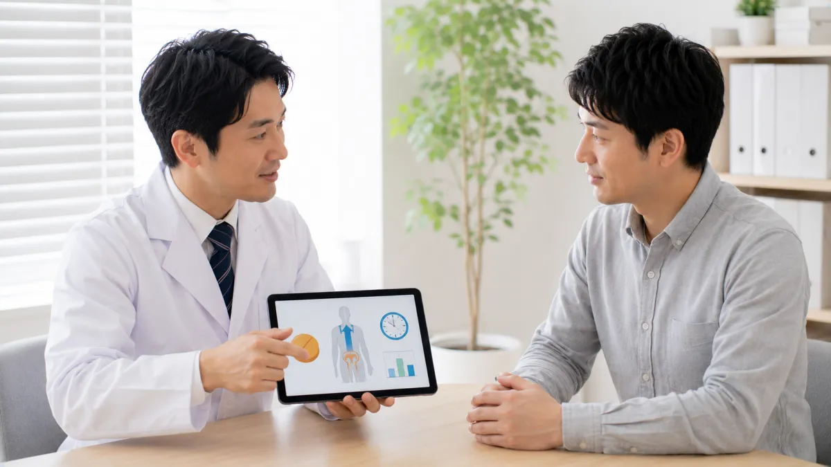 レビトラについて医師から説明を受ける男性