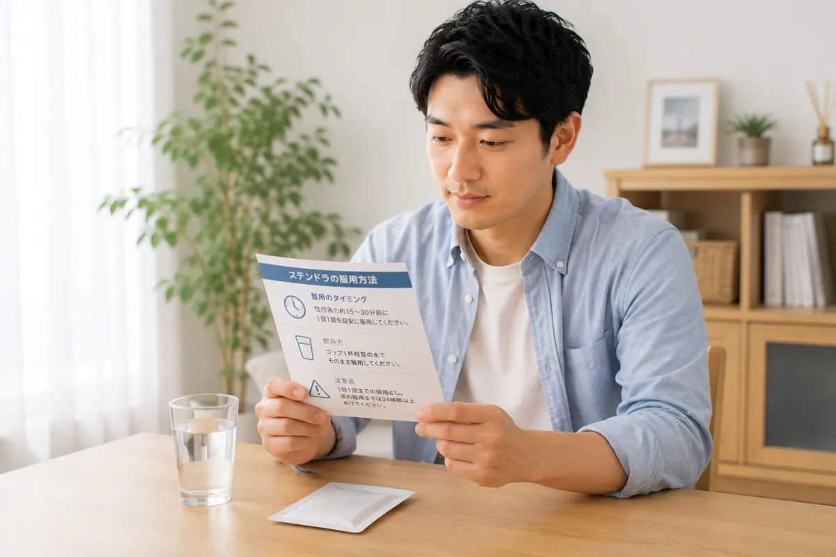 ステンドラの正しい服用方法を確認する男性
