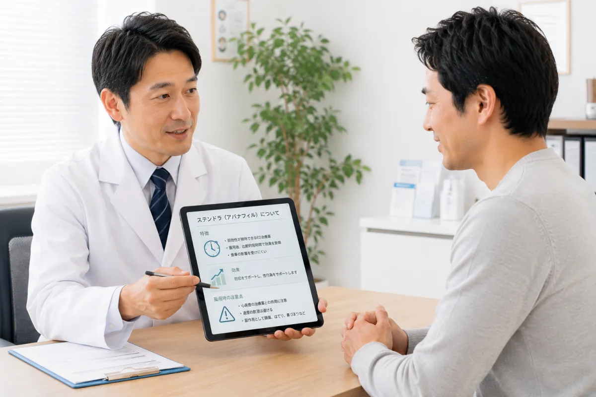 医師からステンドラについて説明を受ける男性