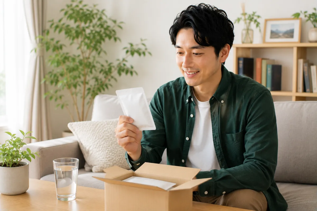 オンライン診療後にステンドラを受け取り確認する男性