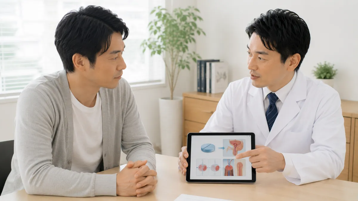 バイアグラの効果について医師の説明を受ける男性