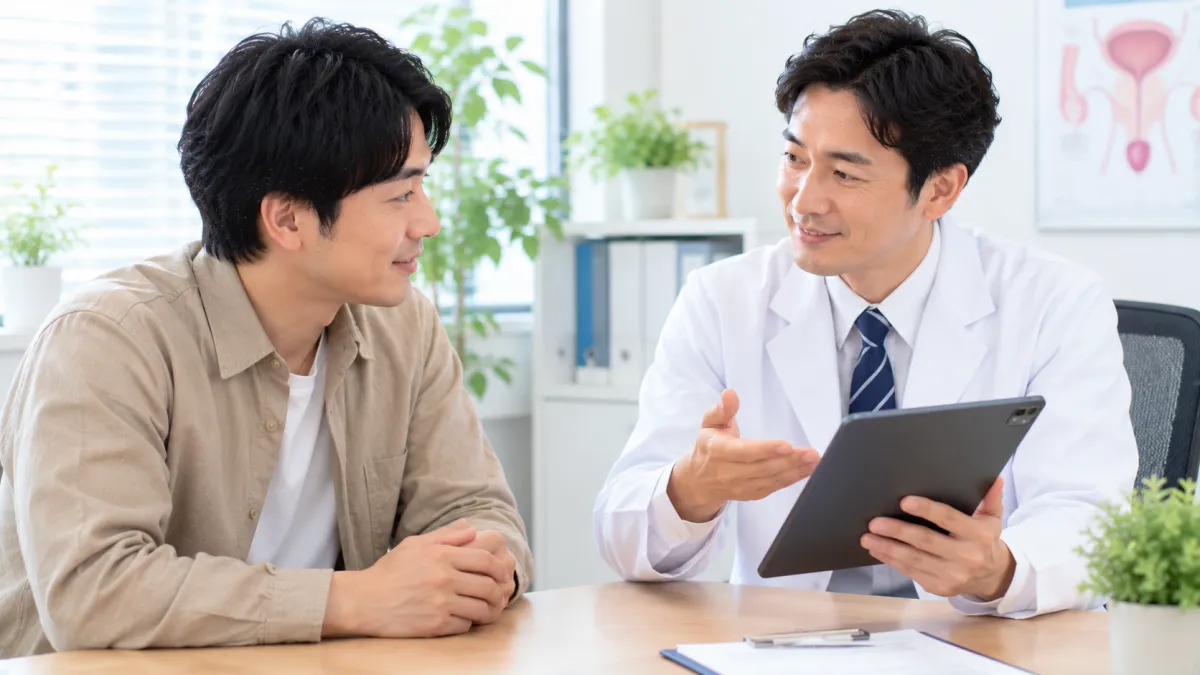 医師からEDについて説明を受ける30代男性