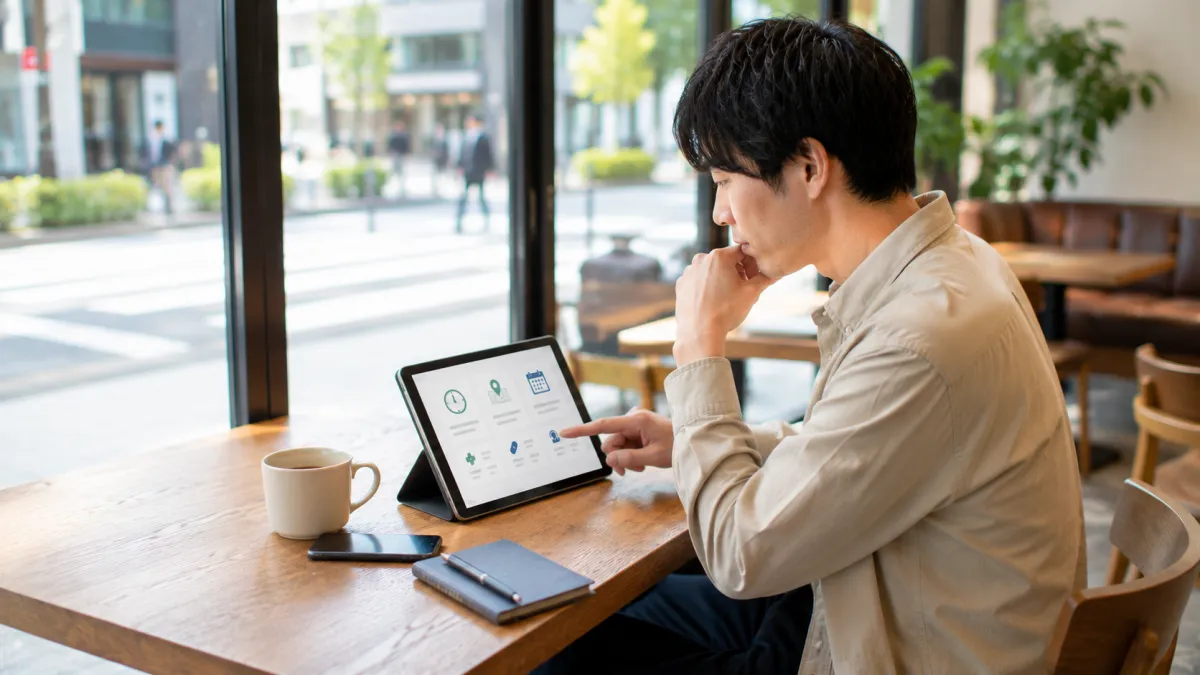 タブレットで池袋のEDクリニックの特徴を確認する男性
