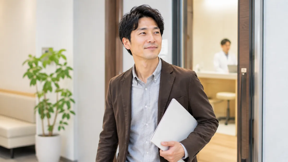 ED治療の相談を終えてクリニックを出る男性