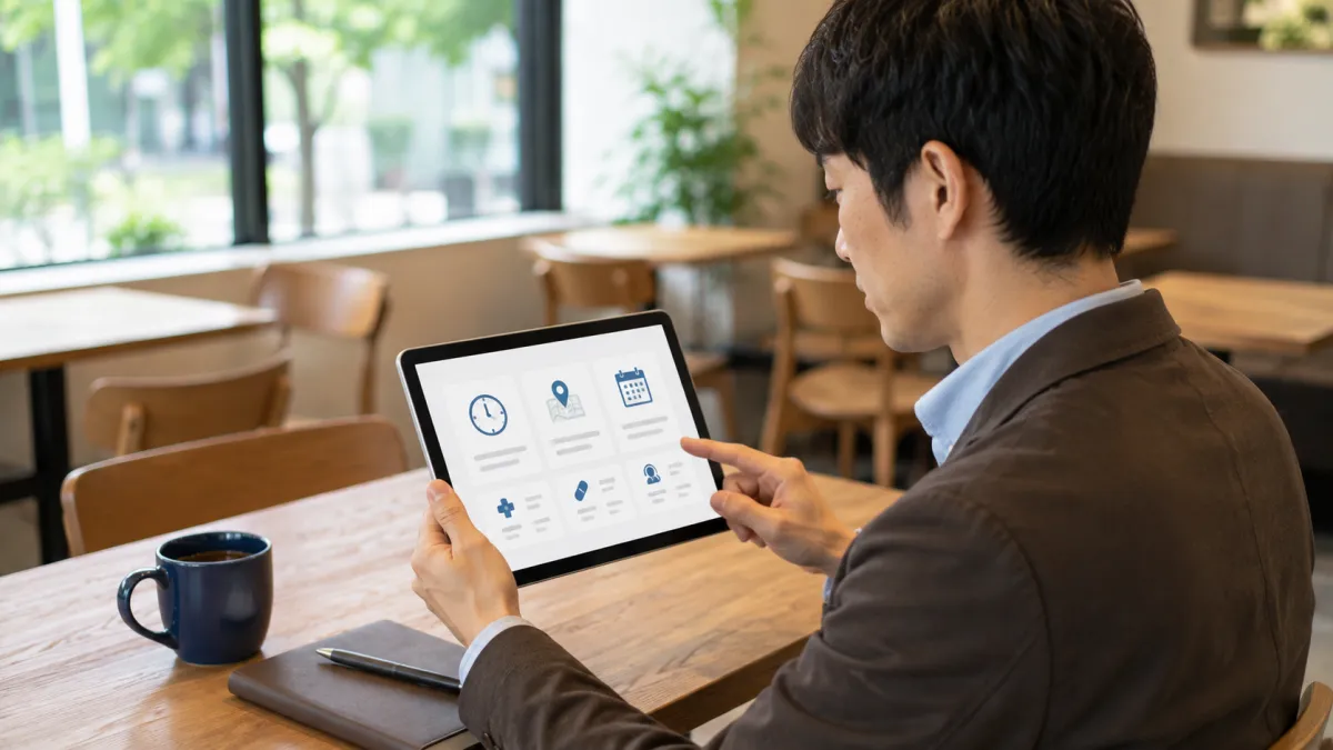 タブレットで新橋のEDクリニックの特徴を確認する男性