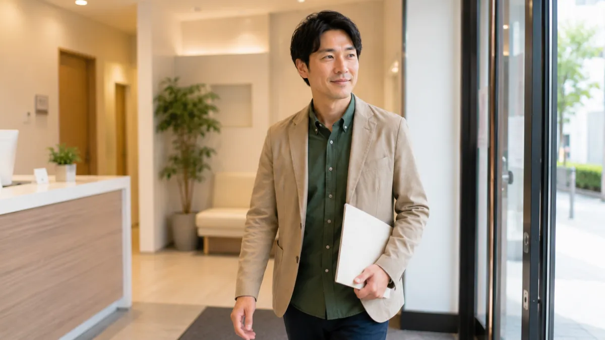 ED治療の相談を終えてクリニックを出る男性