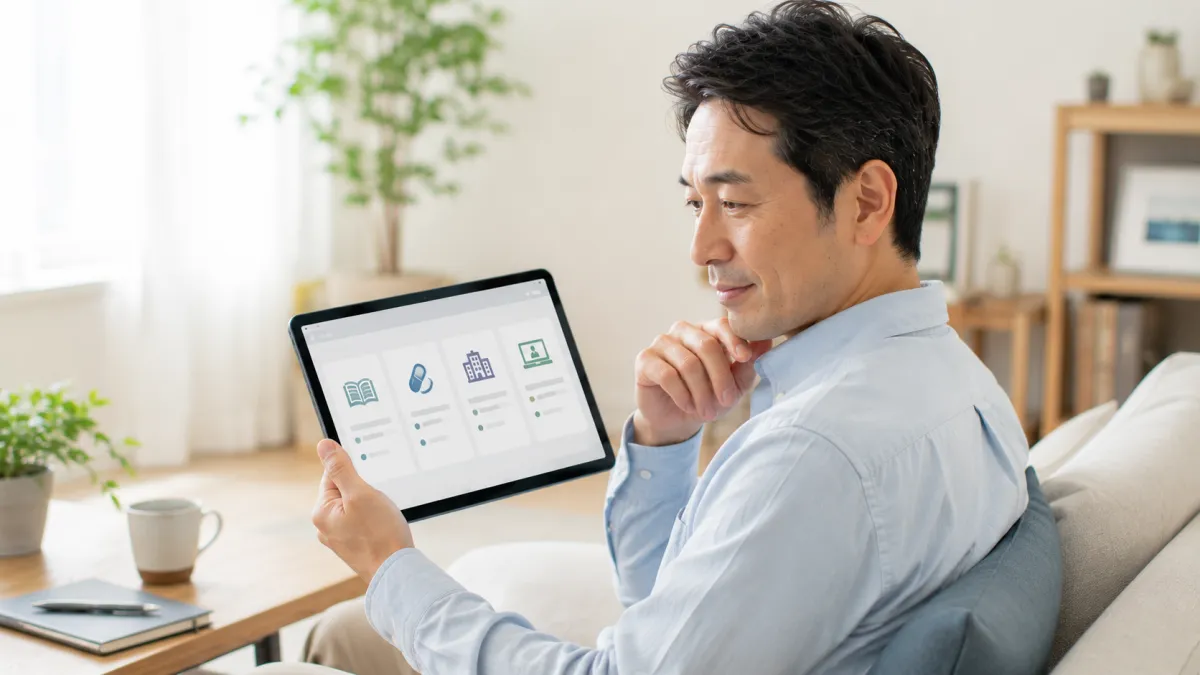 ED治療に関する情報をタブレットで確認する男性
